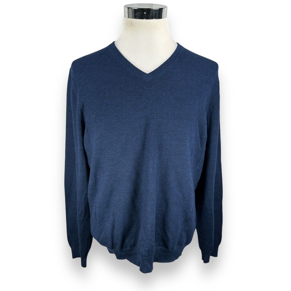 Brooks Brothers Sweater Men’s Large Blue Merino Wool V-Neck Long‎ Sleeve Stretch